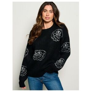 POL Black Sweater with White Floral Patterns
